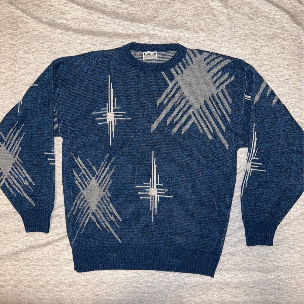 Vintage LaVané New York Sweater Men’s Blue Abstract Crew Neck (See Measurements)